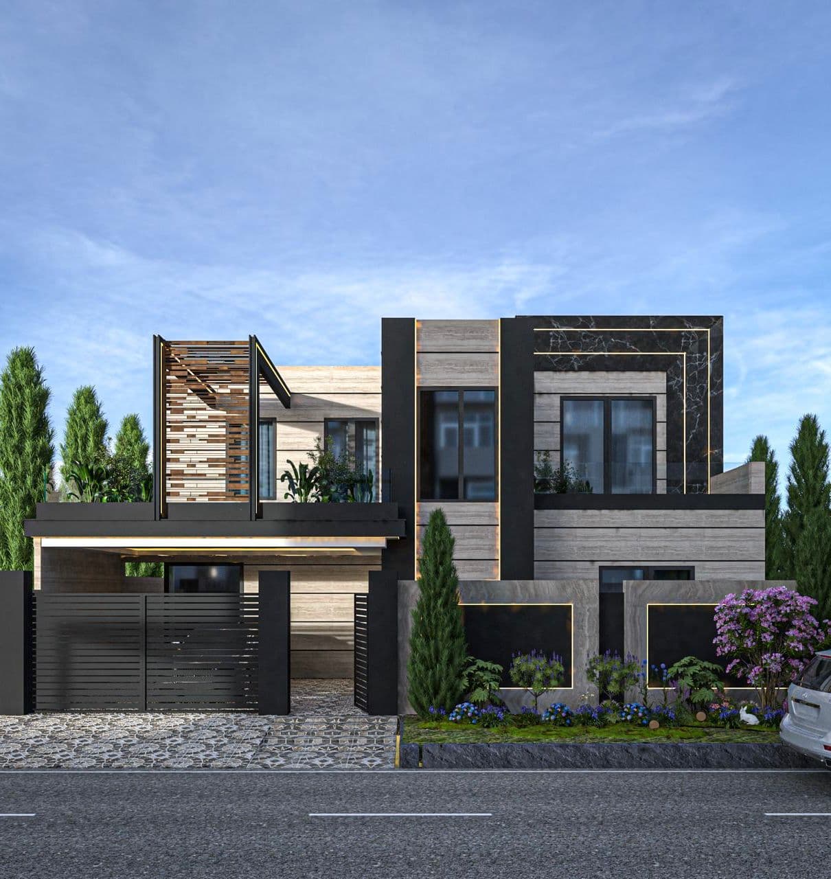 3D design of the new front elevation of House #162: stone-effect cladding, black marble panels, a slatted feature screen and a black gate