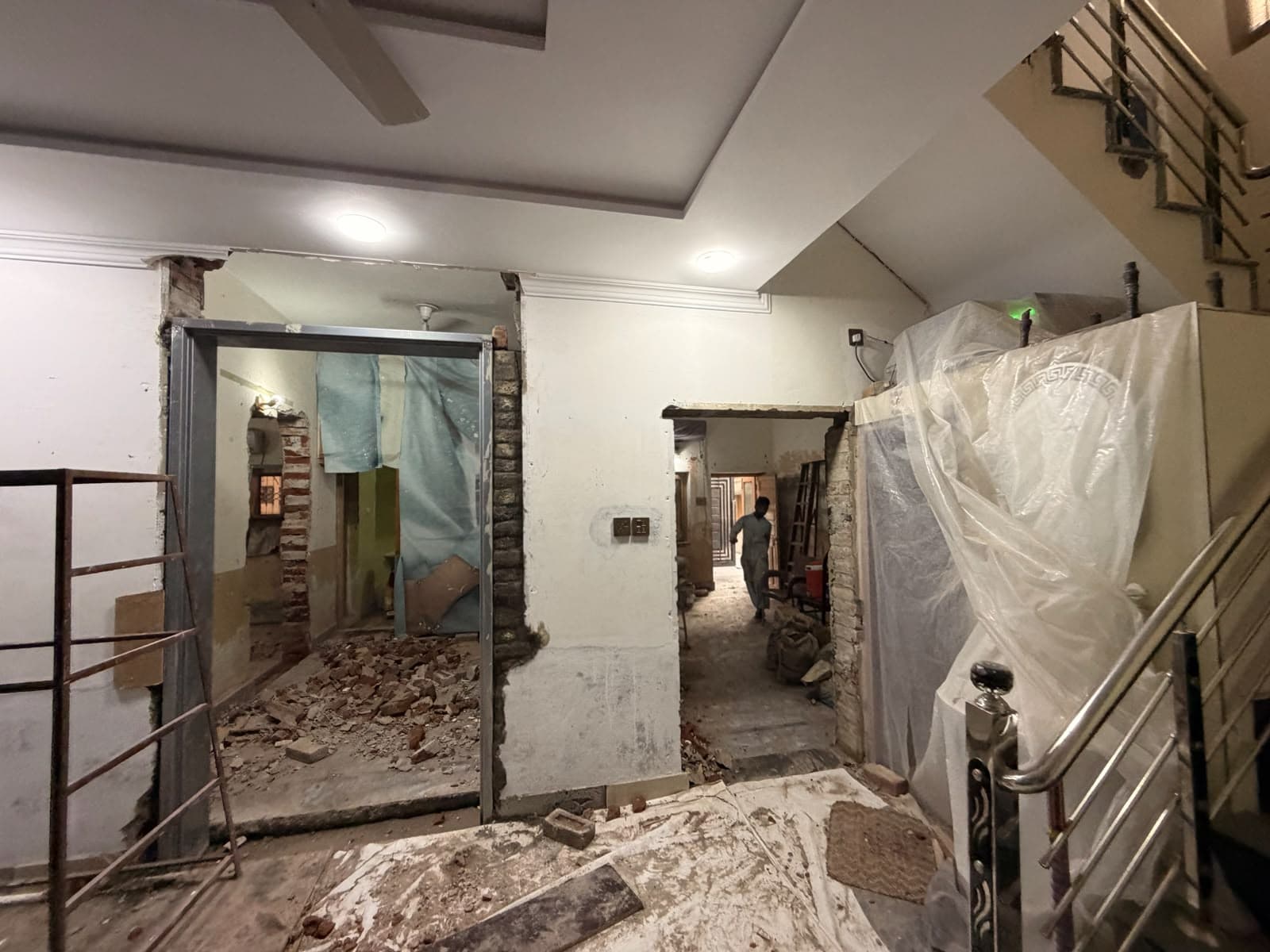 The same hall from the stairs, with the new openings cut through