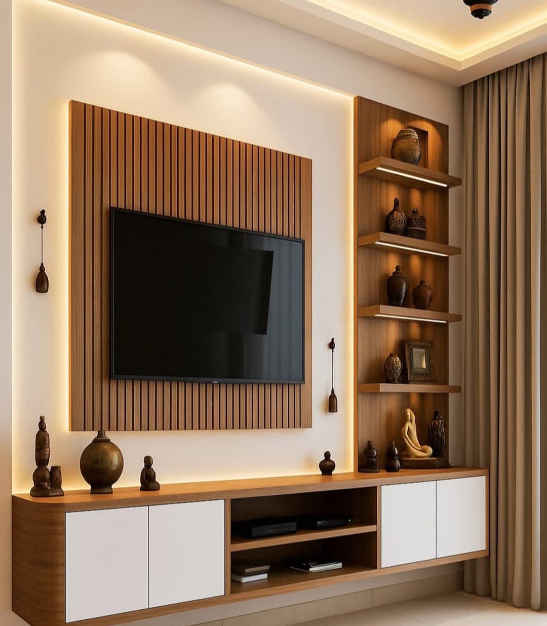 A wooden fluted TV panel beside lit display shelves, above a white and wood floating console