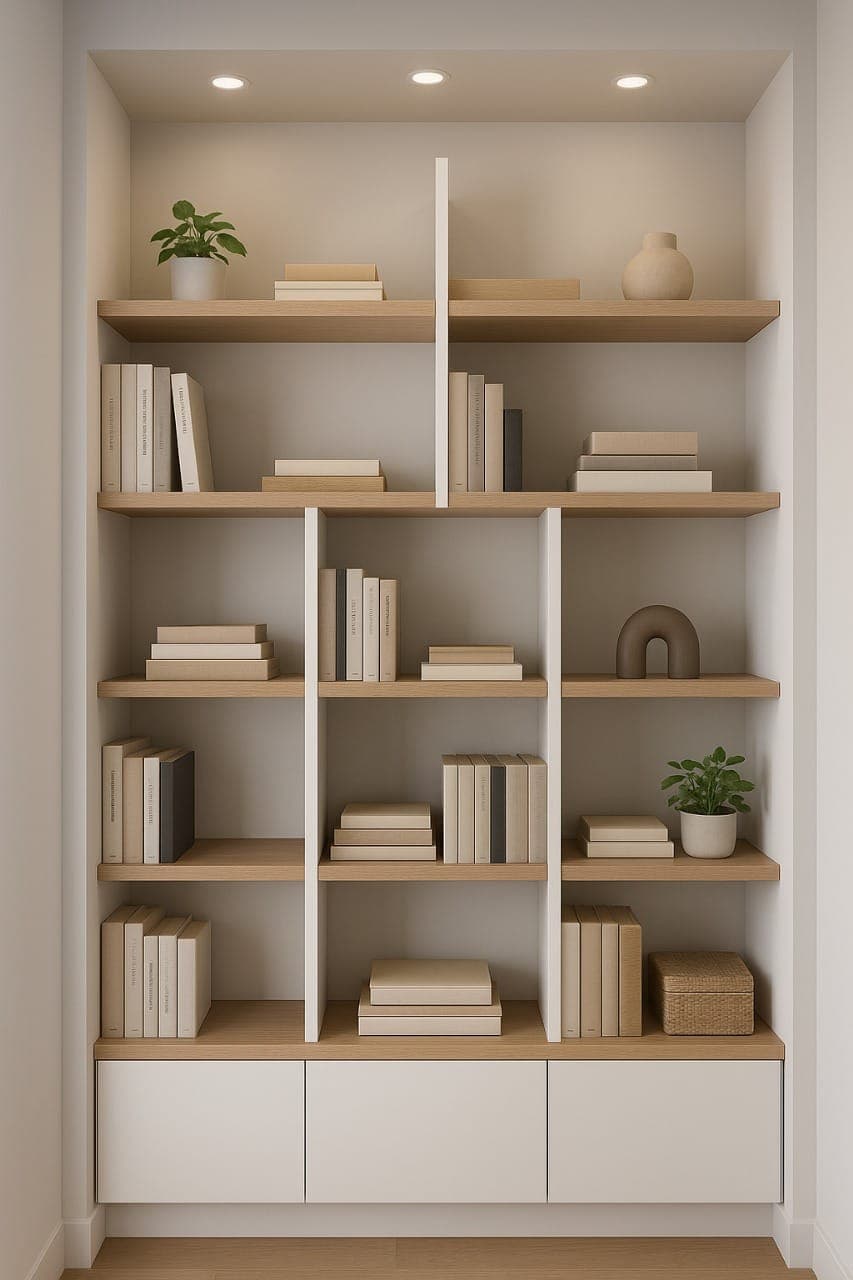 Open wooden shelving with white drawers and recessed lights in a wall niche